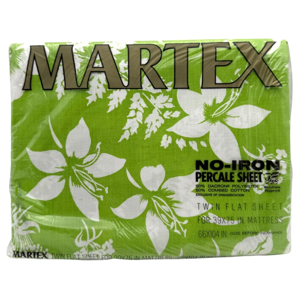 Vintage Martex TWIN Flat Sheet No Iron Percale Green Floral Fern NIP Sealed NOS